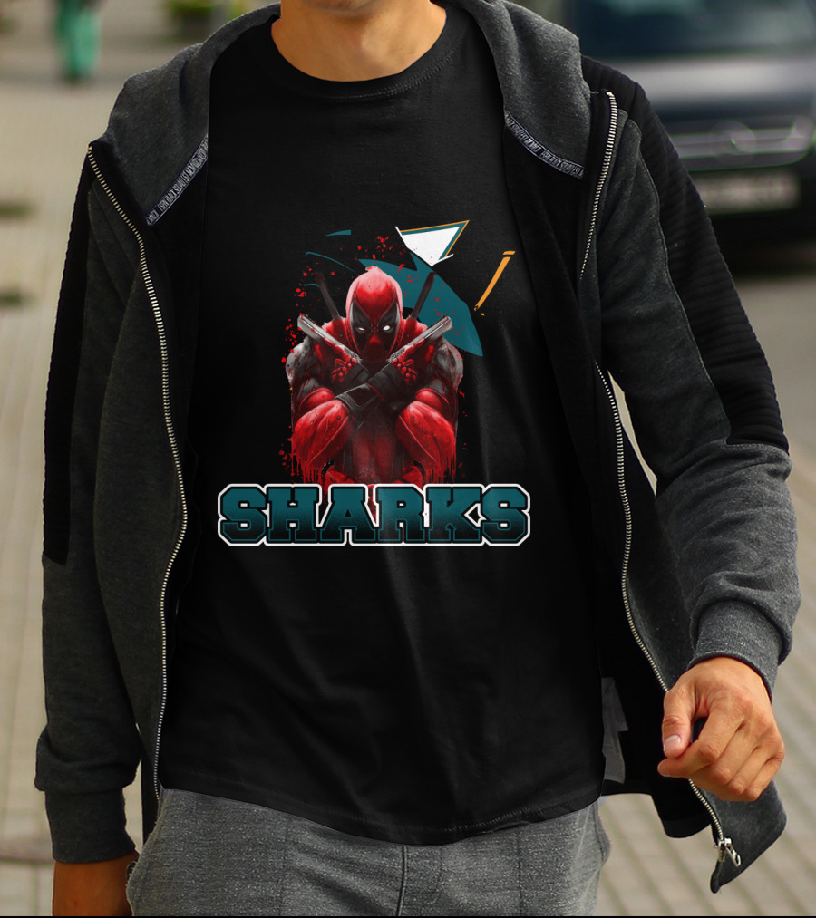 Deadpool With San Jose Sharks Imagery And Text: Sharks T-Shirt