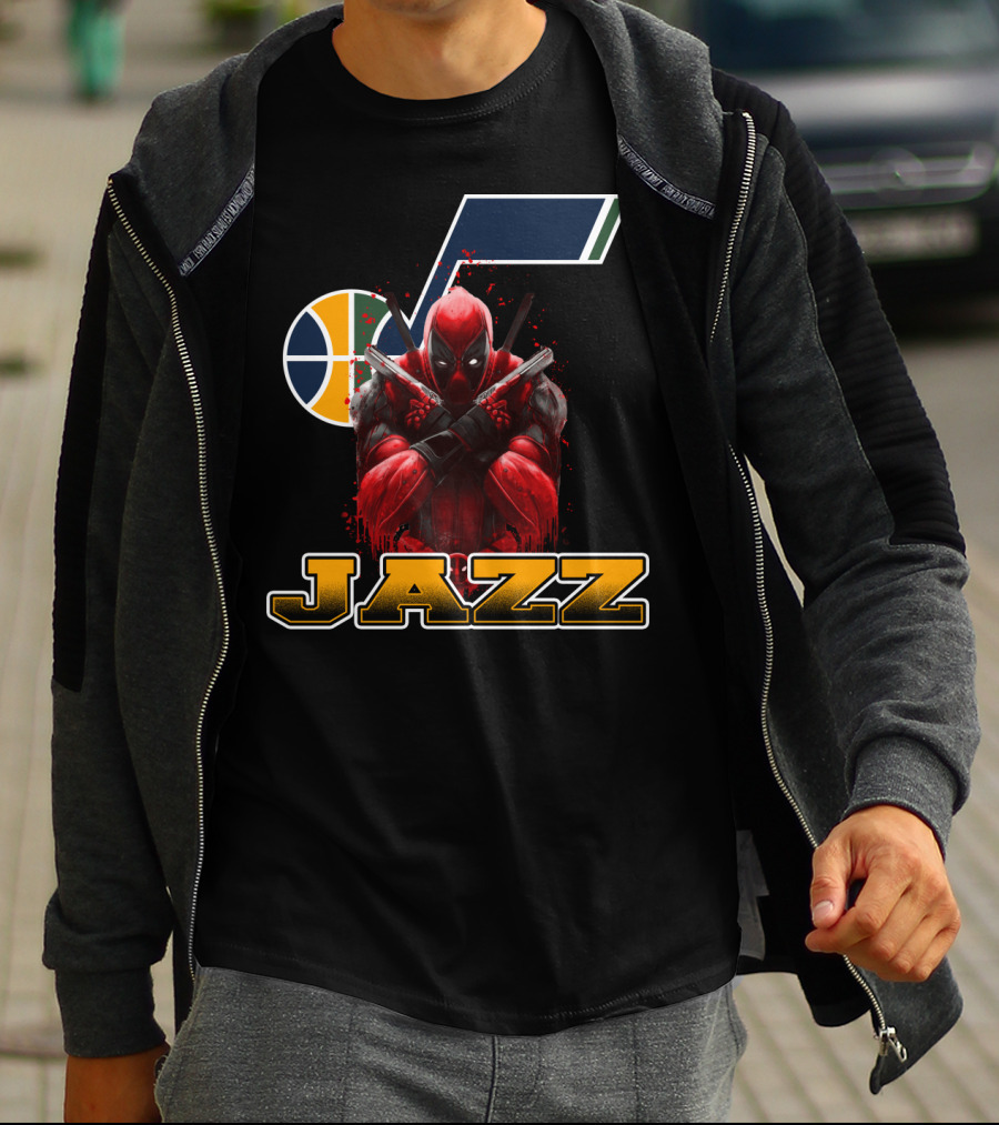 Utah Jazz NBA Logo With Deadpool Character Crossover For Fans T-Shirt