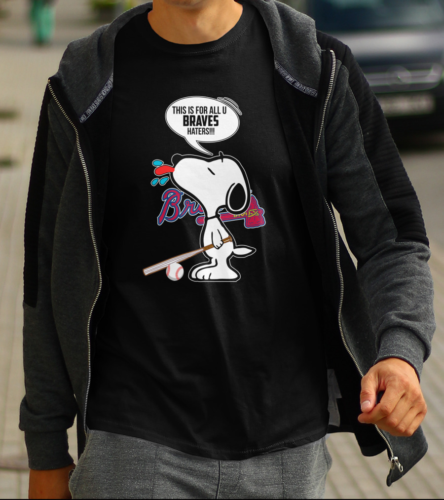 Snoopy Braves Tongue Out With Baseball Bat And Braves Text T-Shirt