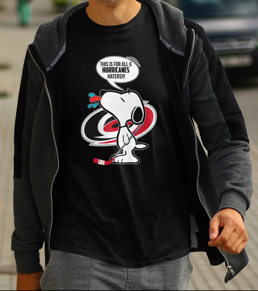 Snoopy With Hockey Stick And Carolina Hurricanes Logo - This Is For All U Hurricanes Haters T-Shirt