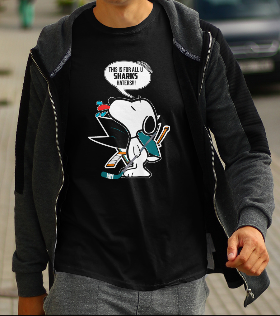 Snoopy Hockey Fan Defends San Jose Sharks Haters With Hockey Stick And Speech Bubble T-Shirt