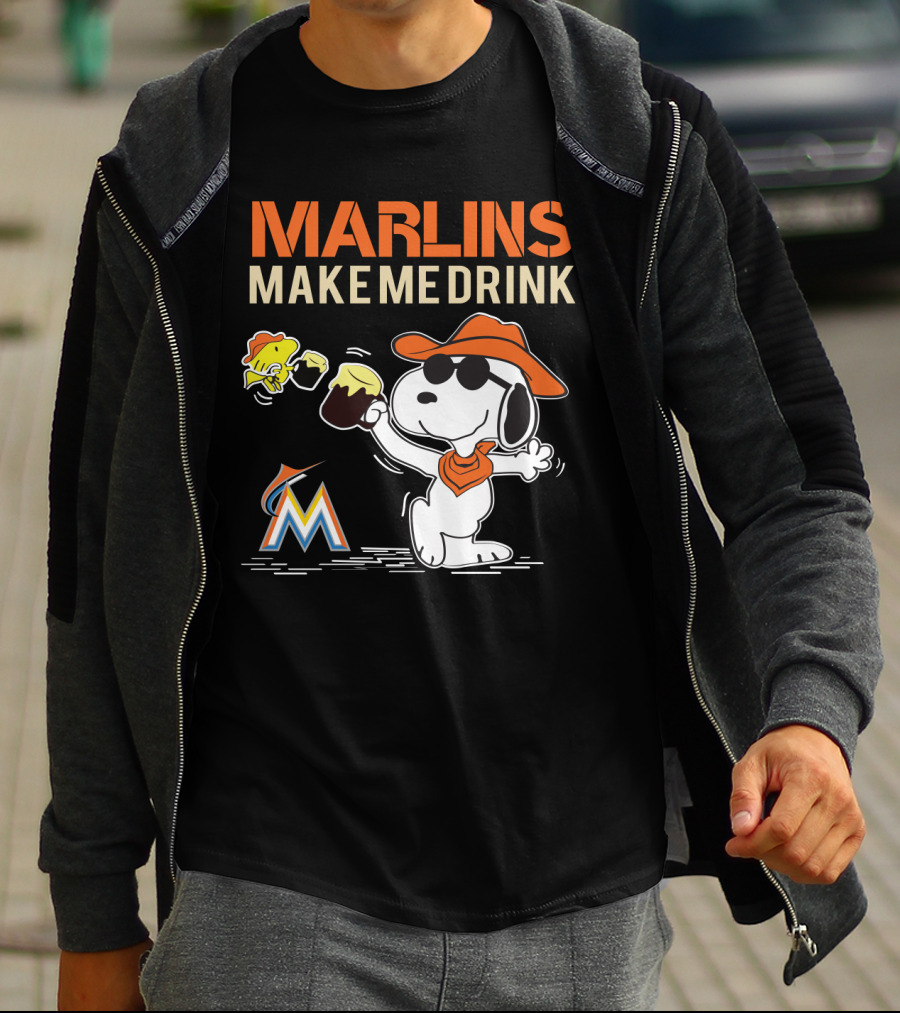 Marlins Make Me Drink Snoopy With Miami Marlins Logo And Beer Toast T-Shirt