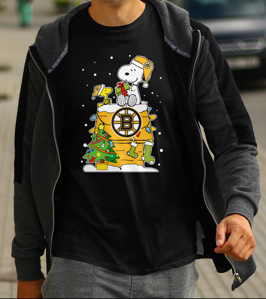 Boston Bruins Christmas Snoopy And Woodstock With Hockey T-Shirt