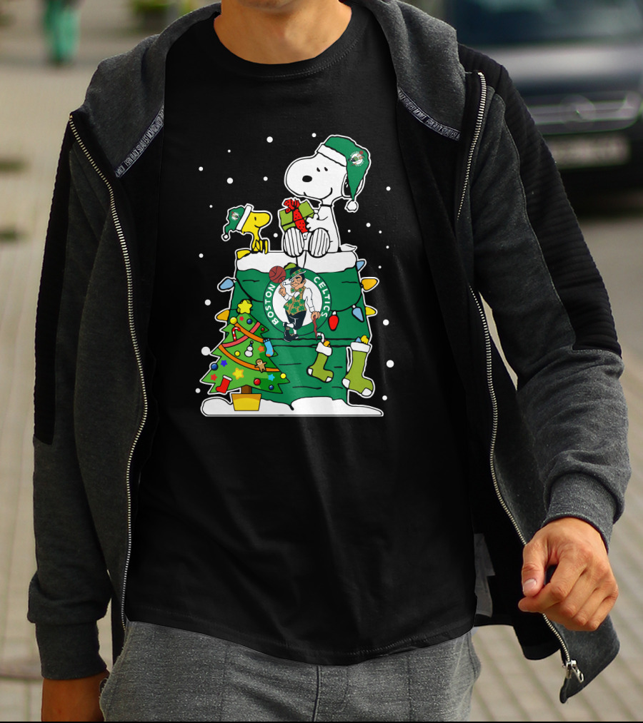 Boston Celtics Christmas Tree Snoopy And Woodstock Fan Favorite T-Shirt