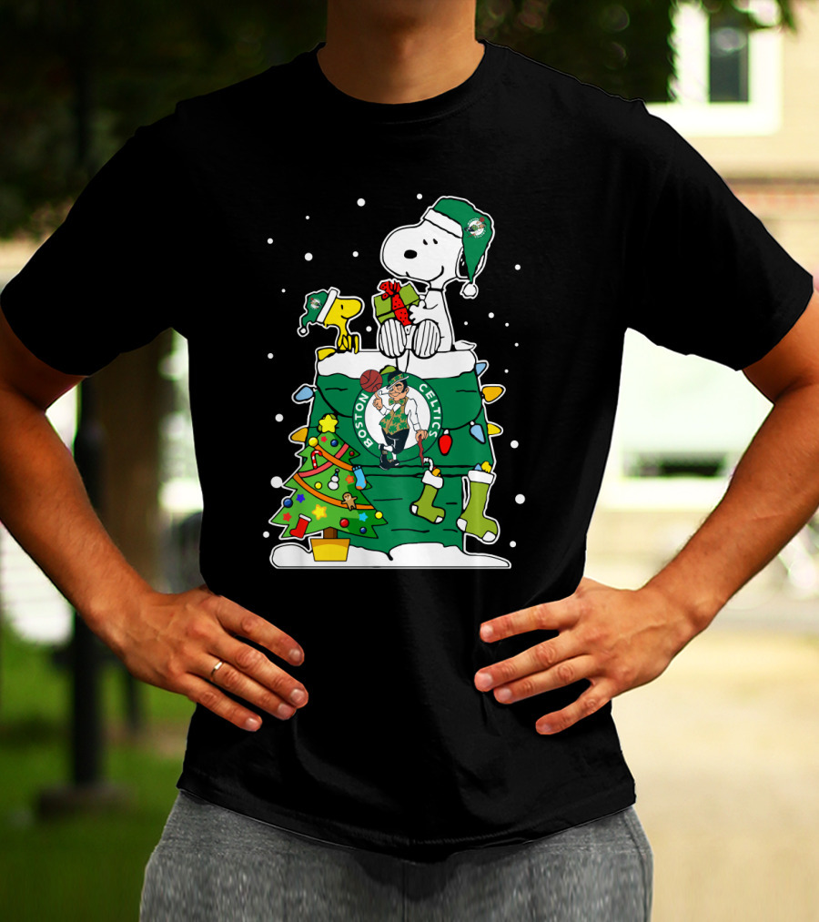 Boston Celtics Christmas Tree Snoopy And Woodstock Fan Favorite T-Shirt