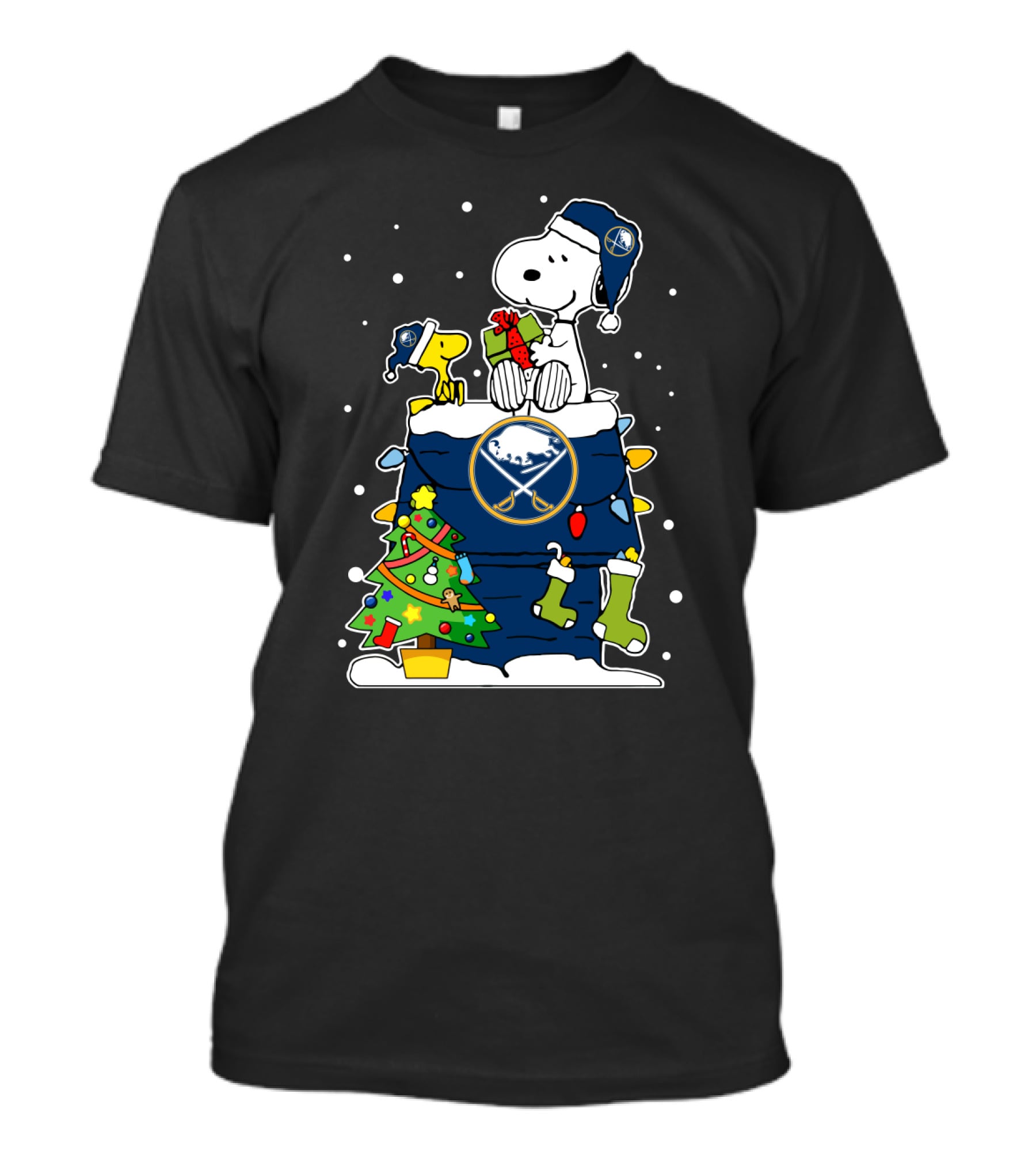 Buffalo Sabres Snoopy Christmas Gift With Woodstock And Holiday Tree T-Shirt