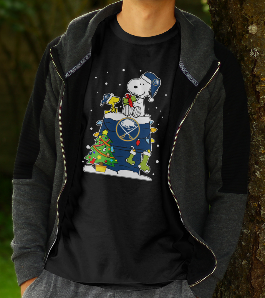 Buffalo Sabres Snoopy Christmas Gift With Woodstock And Holiday Tree T-Shirt