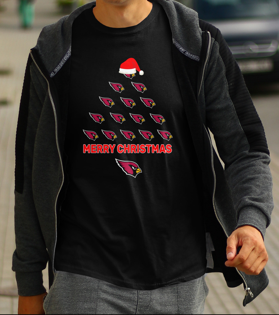 Merry Christmas Arizona Cardinals Fans Tree With Santa Hat T-Shirt