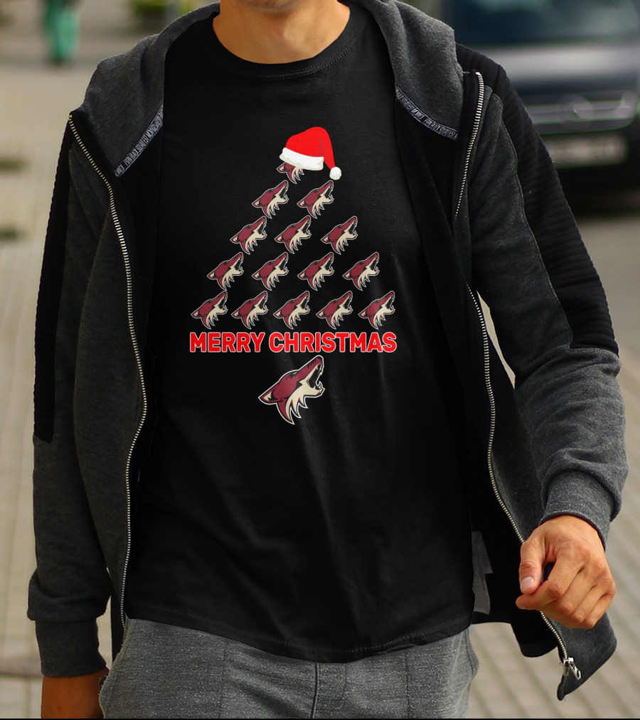 Merry Christmas Tree With Arizona Coyotes Logos And Santa Hat T-Shirt