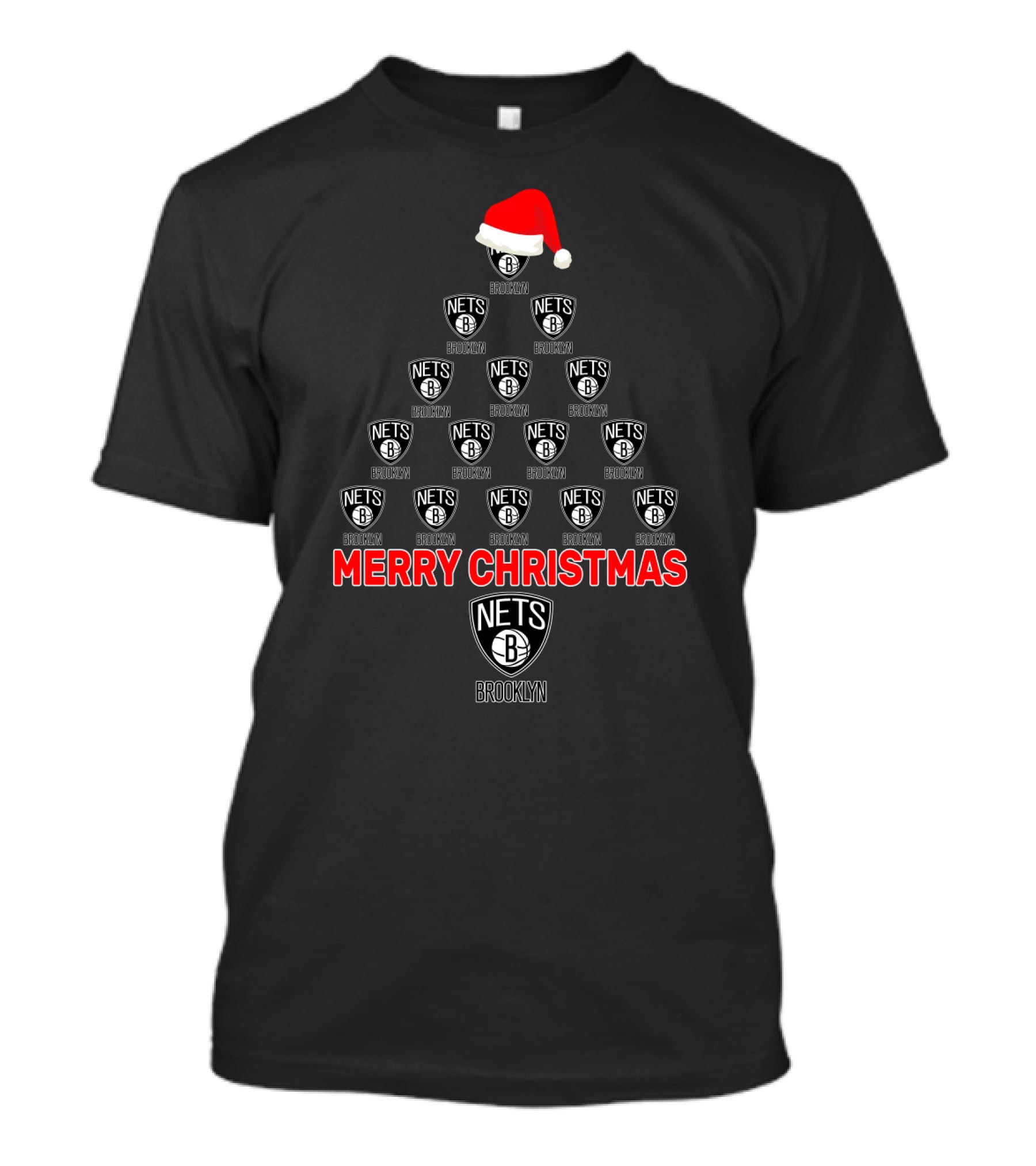 Brooklyn Nets Merry Christmas Tree With Santa Hat T-Shirt