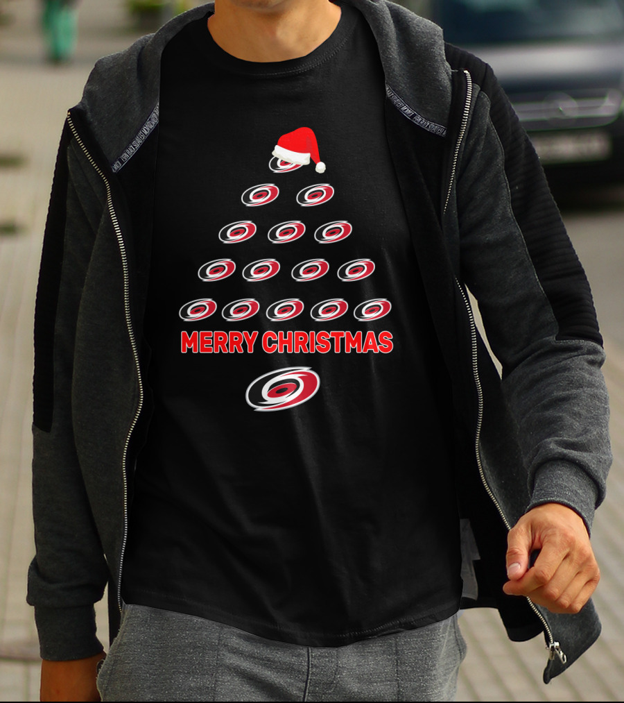 Merry Christmas Carolina Hurricanes Logo Christmas Tree With Santa Hat T-Shirt