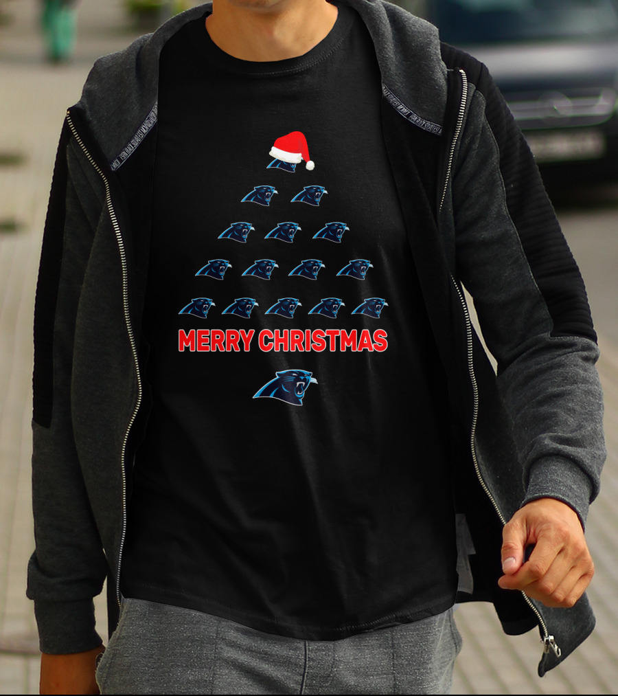 Merry Christmas Carolina Panthers Holiday Tree With Santa Hat T-Shirt