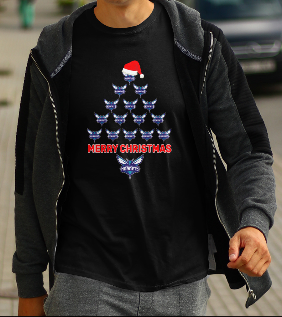 Merry Christmas Charlotte Hornets Tree With Santa Hat T-Shirt