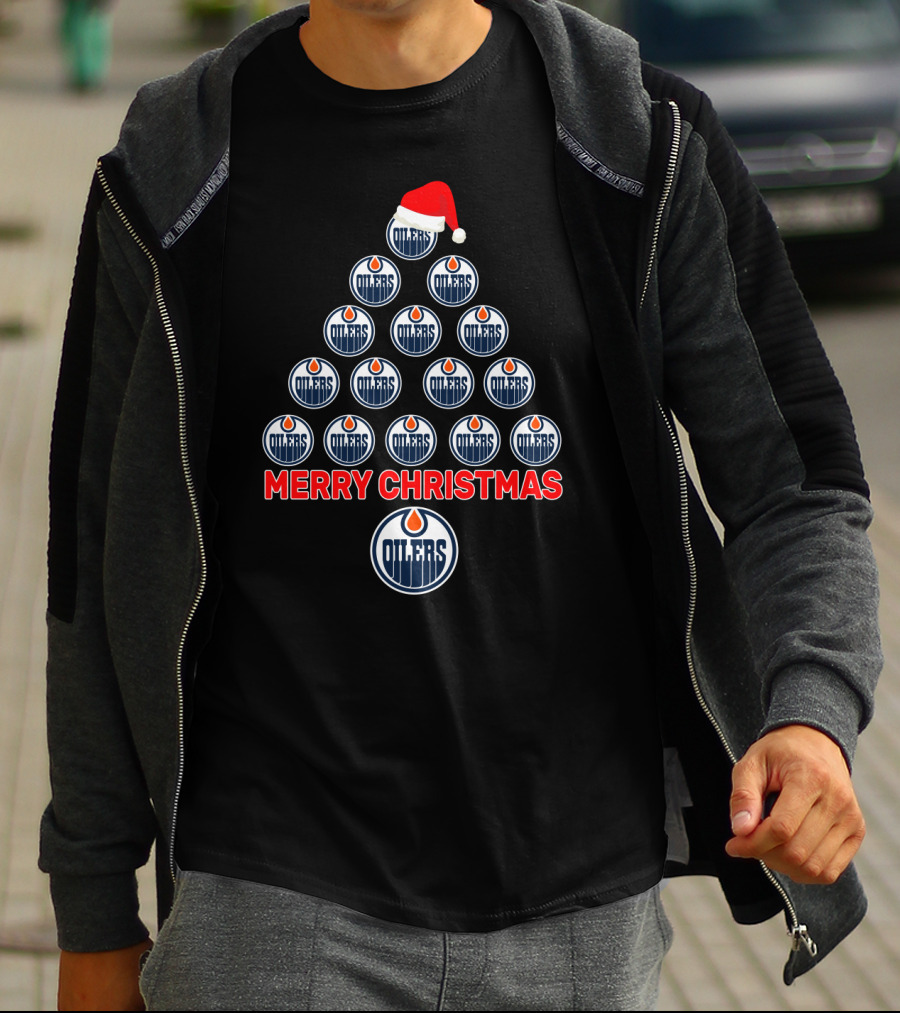 Merry Christmas Edmonton Oilers Tree With Logos And Santa Hat T-Shirt
