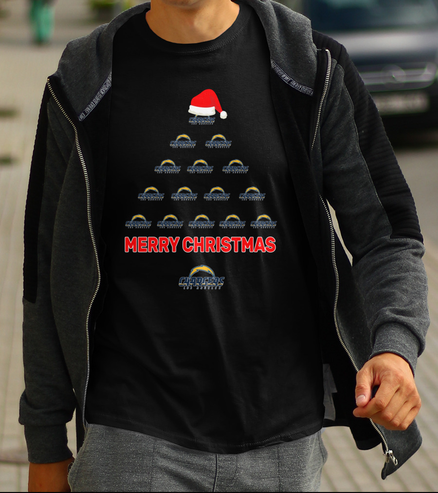 Merry Christmas Los Angeles Chargers Tree With Santa Hat T-Shirt
