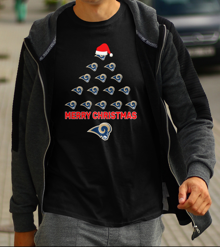 Merry Christmas Los Angeles Rams Tree With Santa Hat For Fans T-Shirt