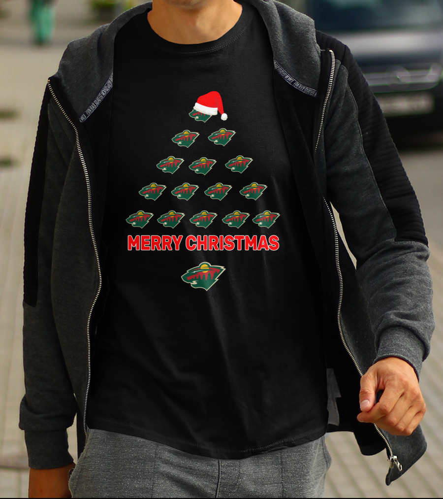 Minnesota Wild Merry Christmas Tree Design With Team Logos And Santa Hat T-Shirt