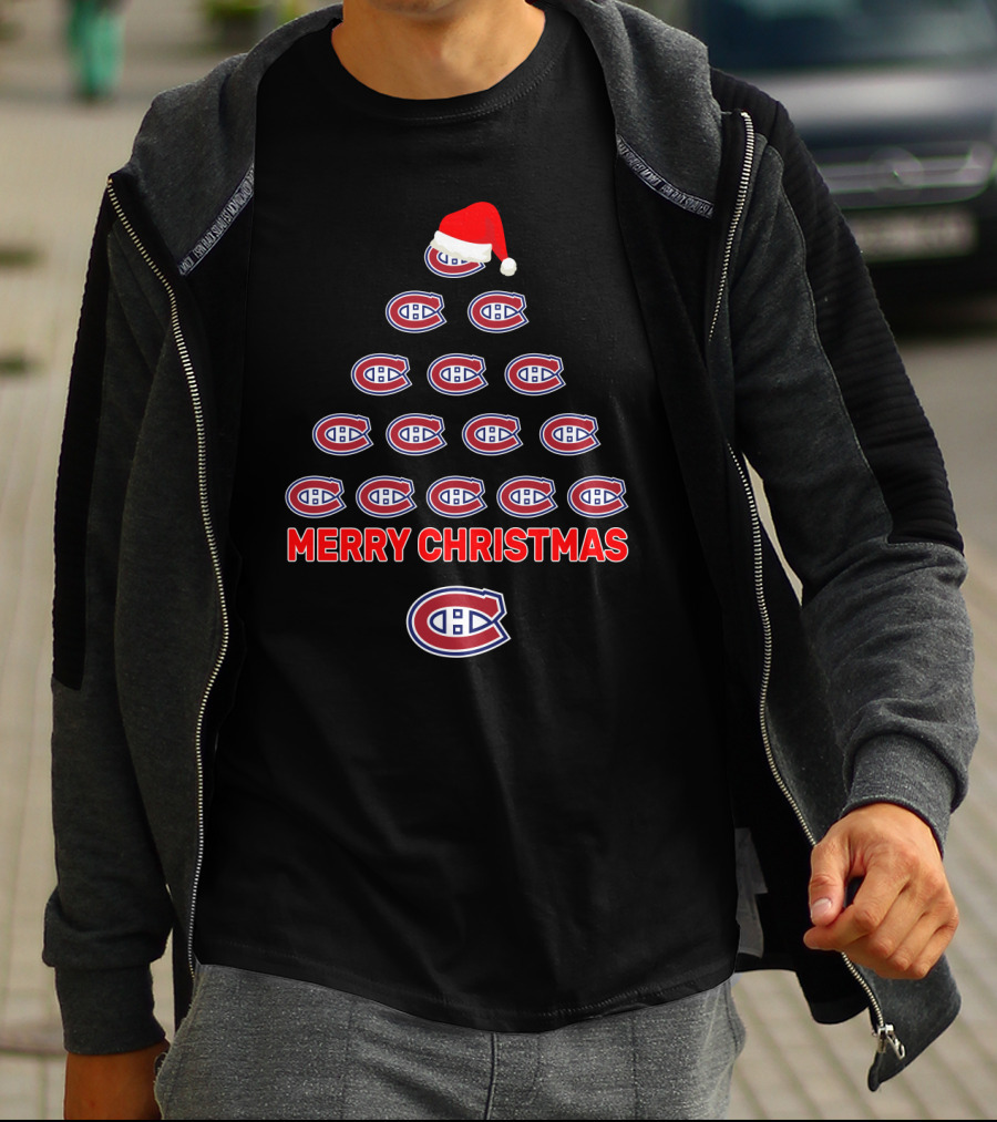 Merry Christmas Montreal Canadiens Tree With Logos And Santa Hat T-Shirt