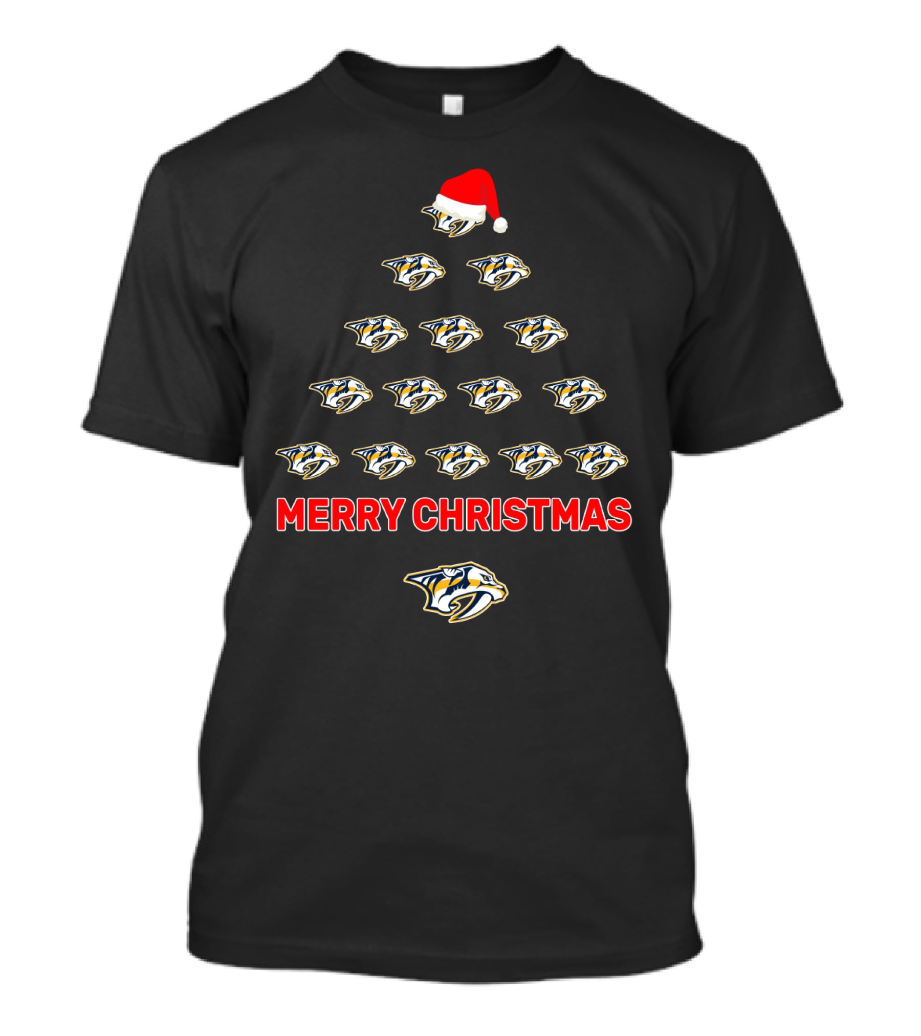 Merry Christmas Nashville Predators Fans Santa Hat Tree Holiday Decor T-Shirt