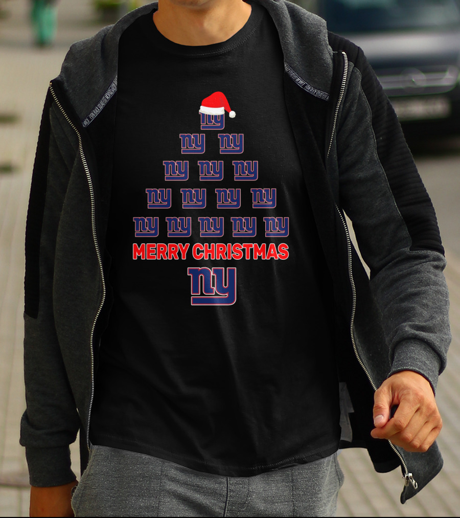 Ny Giants Merry Christmas Tree With Logos And Santa Hat T-Shirt