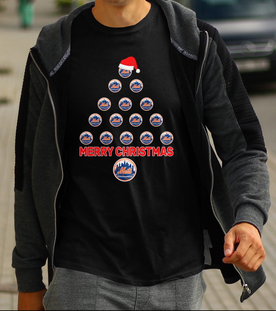 Merry Christmas New York Mets Tree With Santa Hat T-Shirt