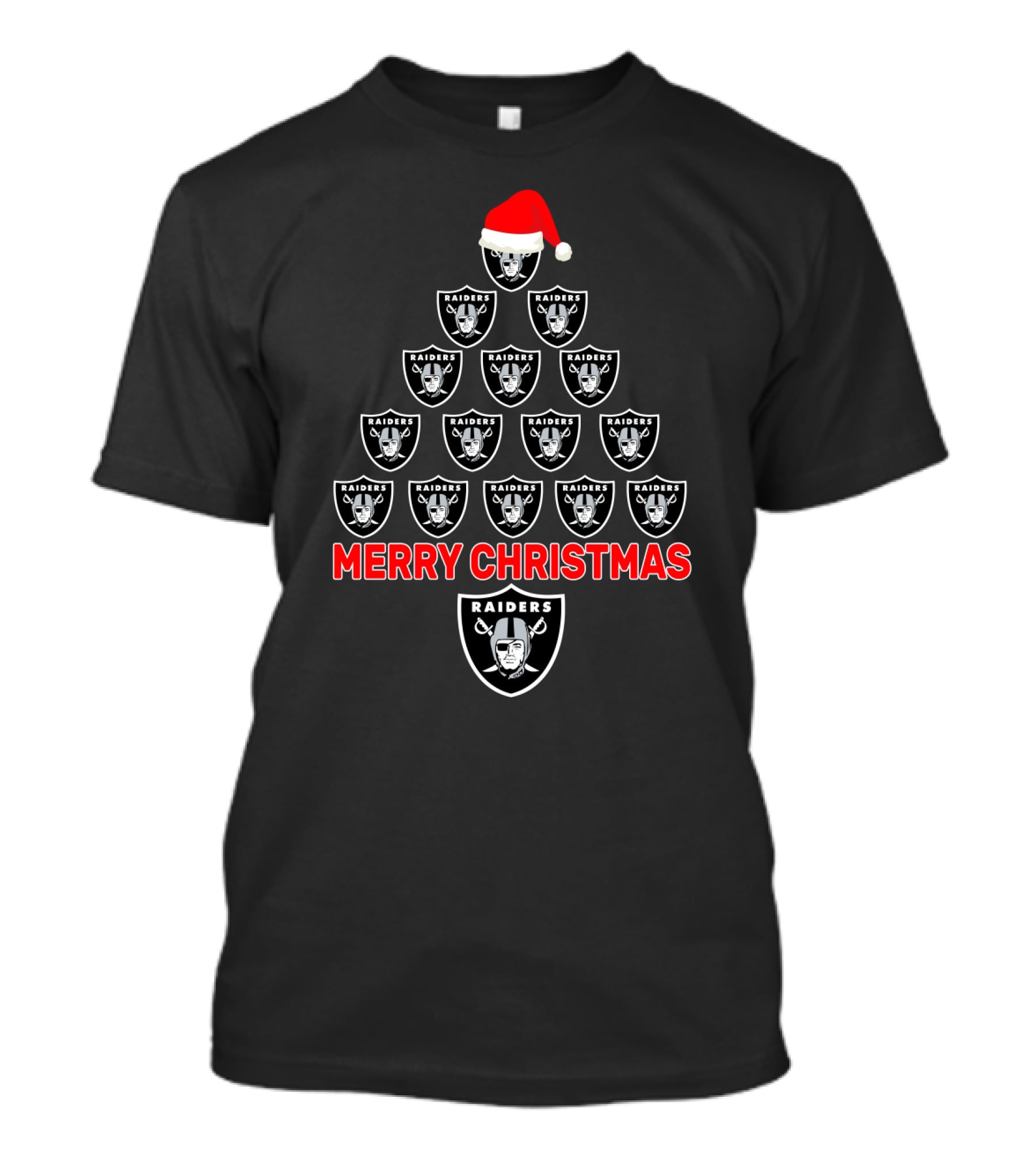 Merry Christmas Raiders Logo Tree With Santa Hat For Fans T-Shirt
