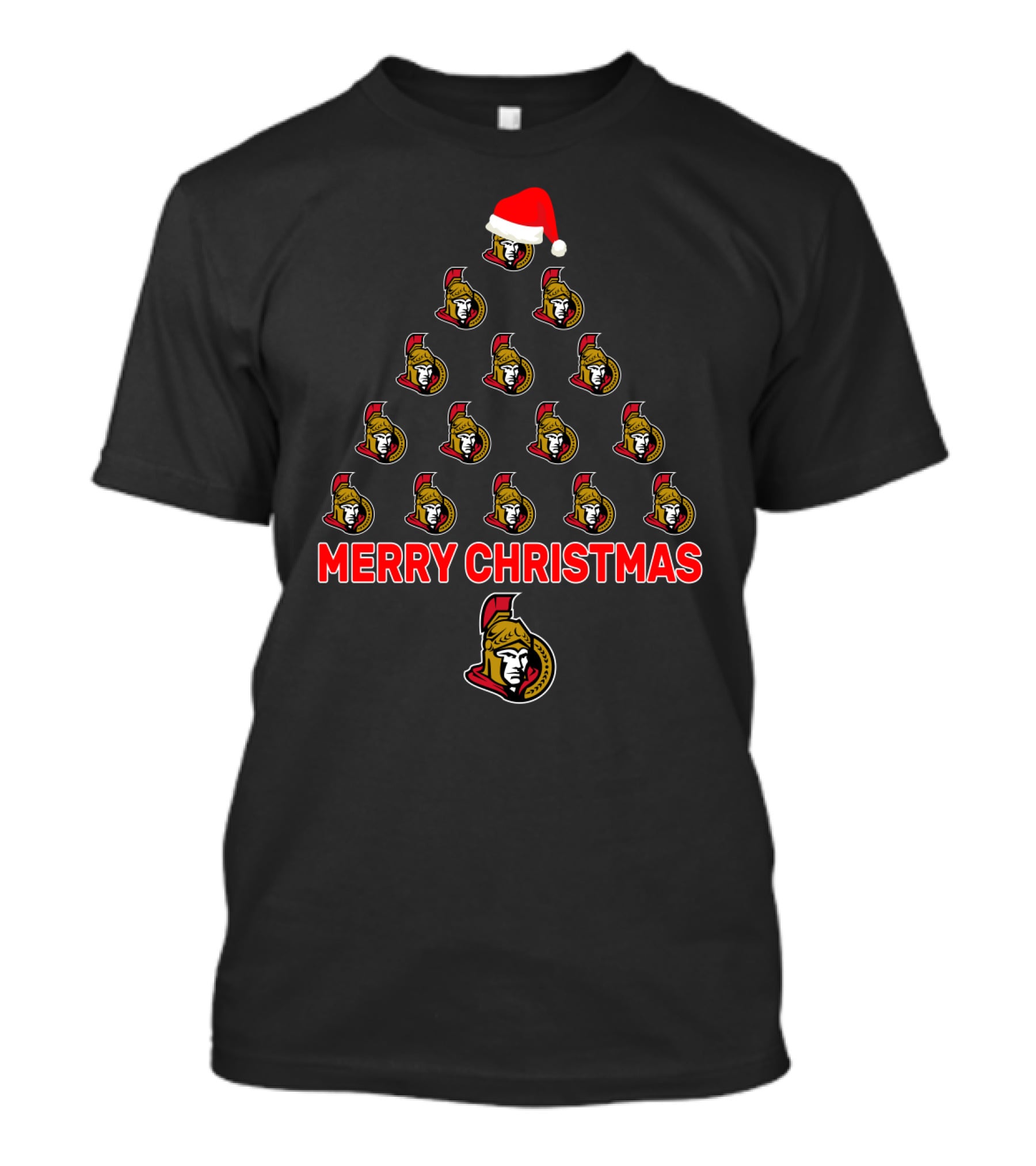 Ottawa Senators Merry Christmas Tree With Logos And Santa Hat T-Shirt
