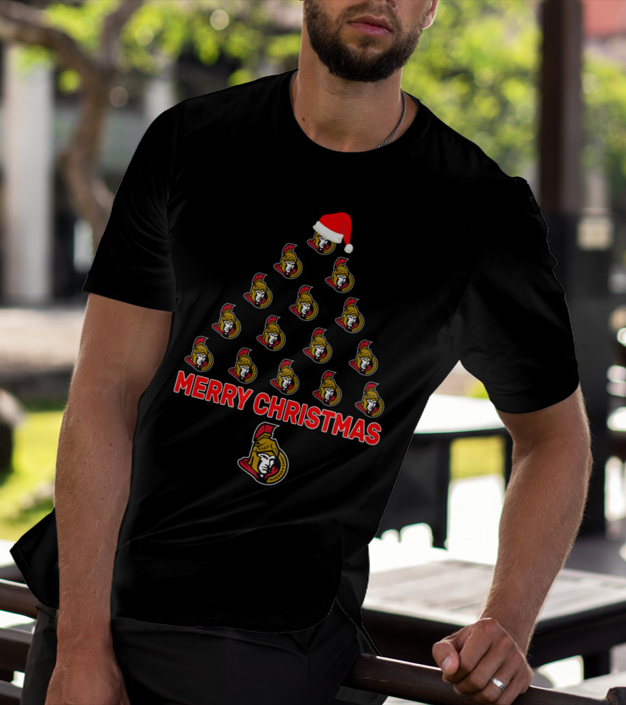 Ottawa Senators Merry Christmas Tree With Logos And Santa Hat T-Shirt