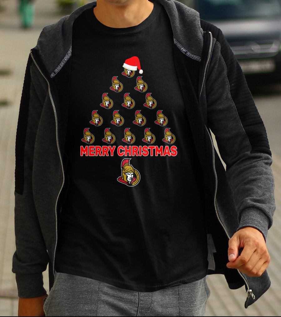 Ottawa Senators Merry Christmas Tree With Logos And Santa Hat T-Shirt
