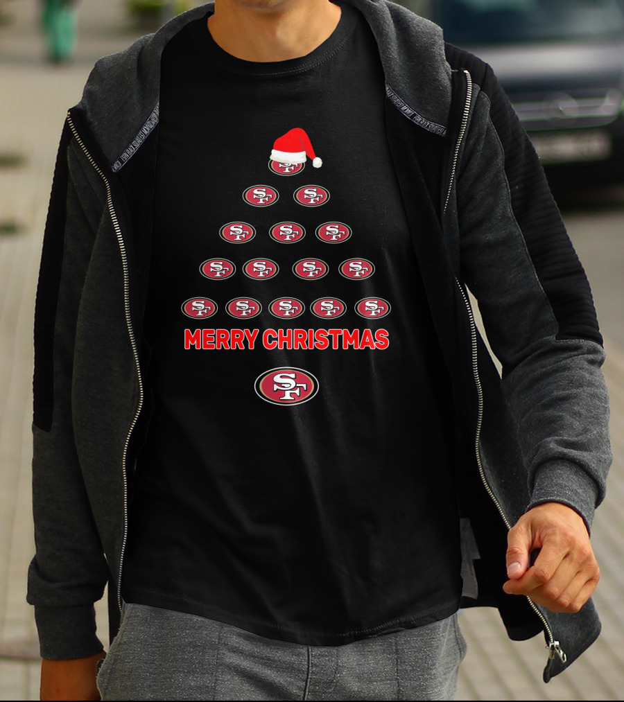 Merry Christmas San Francisco 49ers Tree With Santa Hat T-Shirt