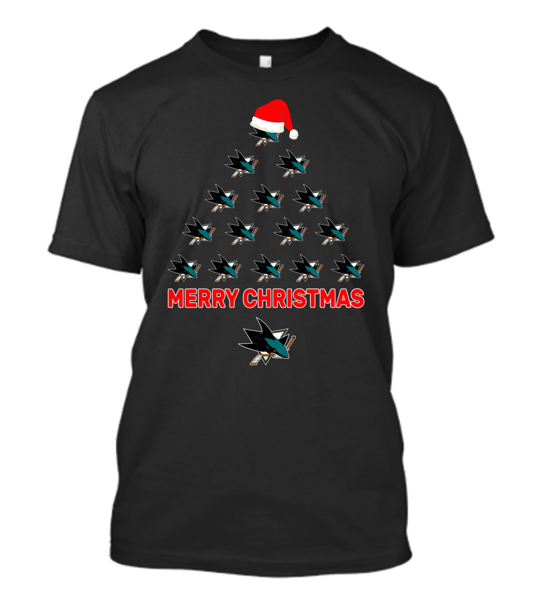 San Jose Sharks Merry Christmas Tree With Santa Hat For Fans T-Shirt