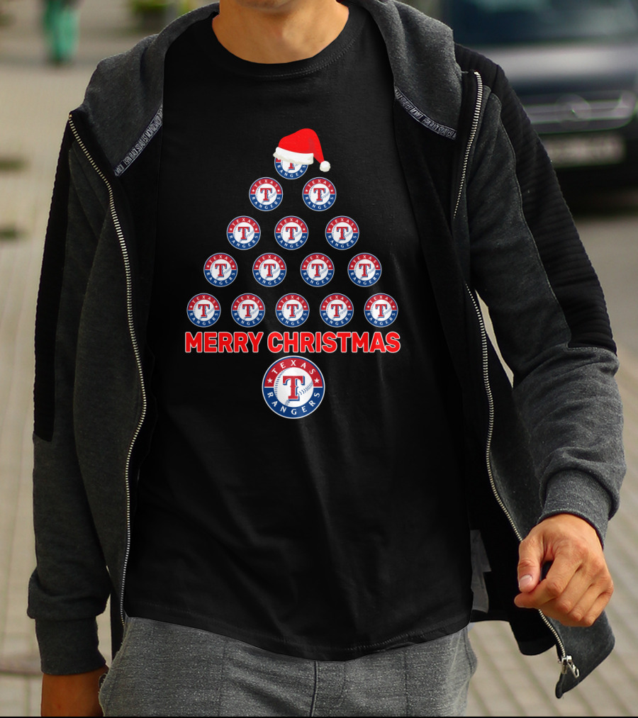 Merry Christmas Texas Rangers Tree With Logos And Santa Hat T-Shirt