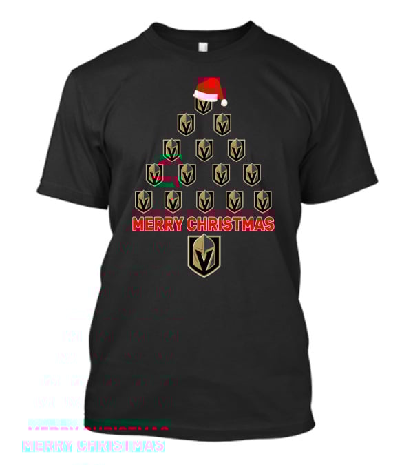Merry Christmas Vegas Golden Knights Fans Tree With Santa Hat T-Shirt