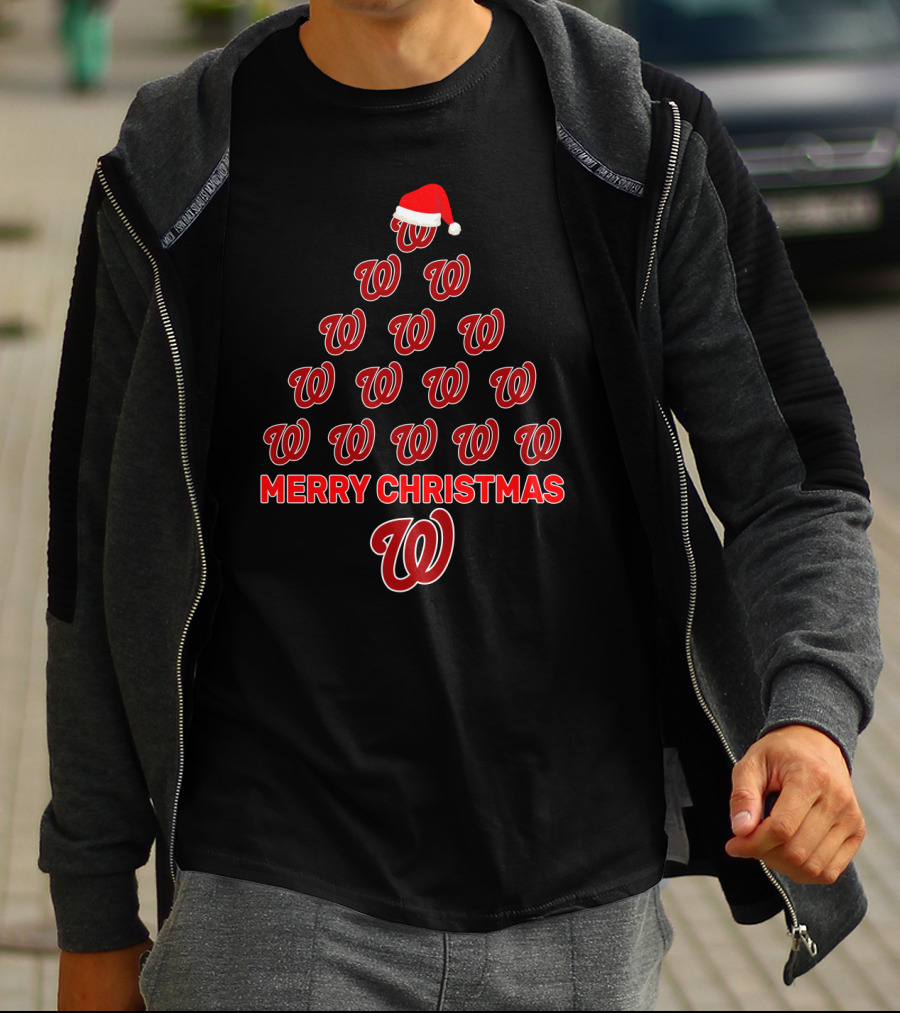 Washington Nationals Merry Christmas Tree With Santa Hat T-Shirt
