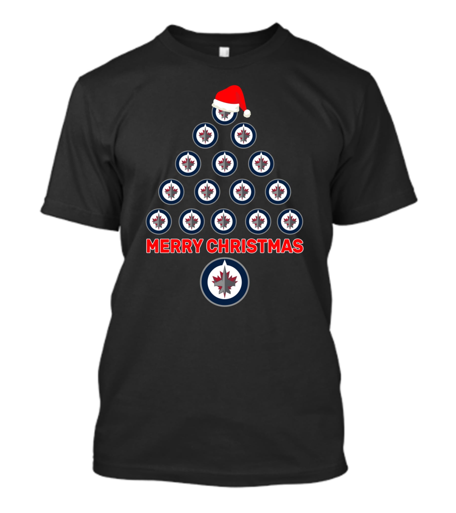 Merry Christmas Winnipeg Jets Themed Tree Design With Santa Hat T-Shirt