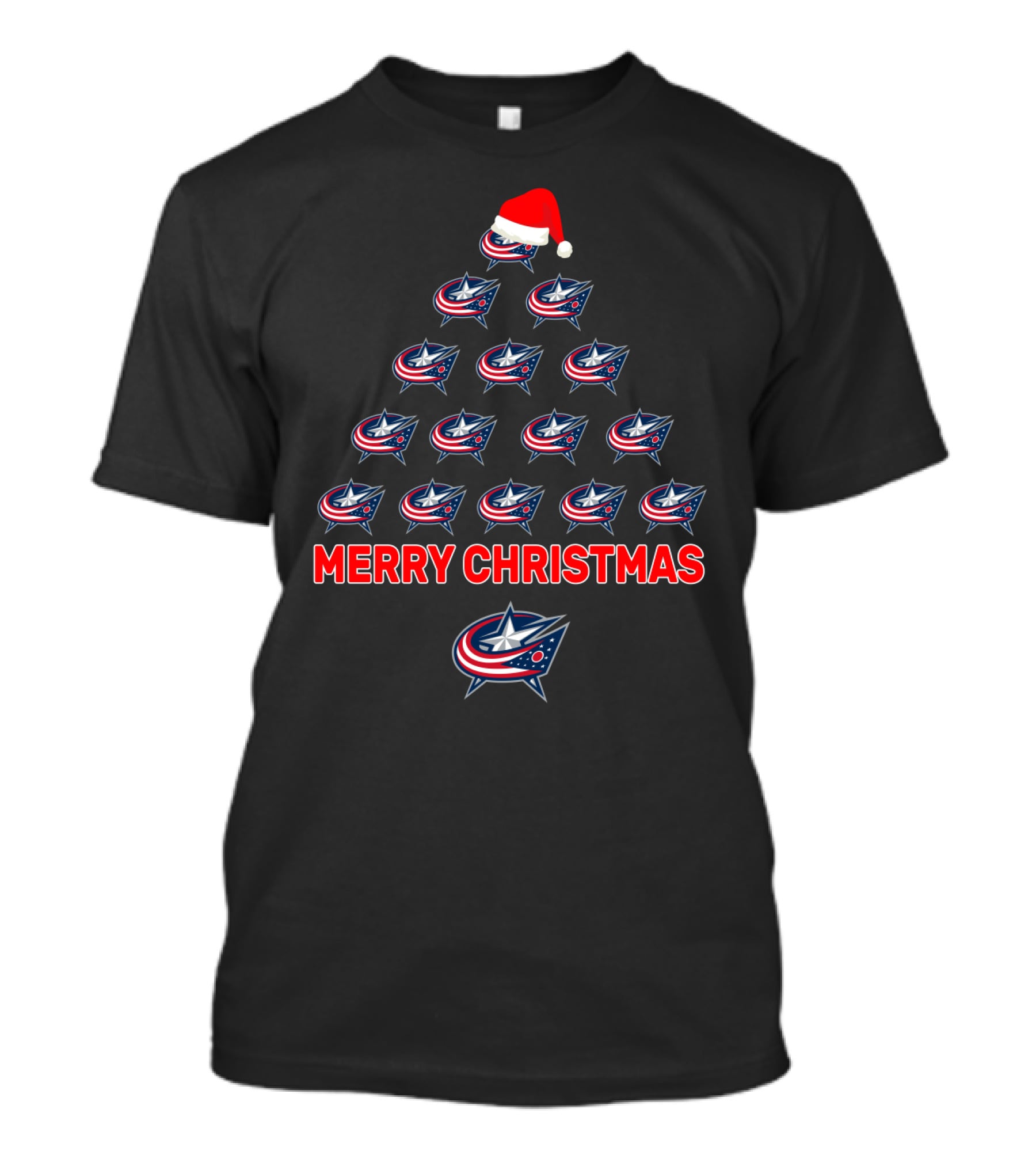 Columbus Blue Jackets Christmas Tree With Santa Hat And Merry Christmas Message T-Shirt