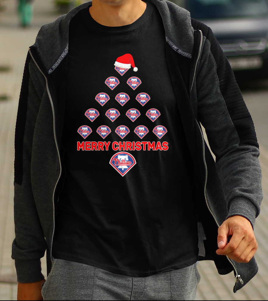 Philadelphia Phillies Logos Merry Christmas Tree With Santa Hat T-Shirt