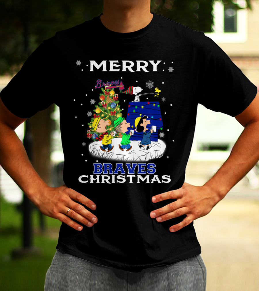 Merry Braves Christmas Featuring Snoopy And Peanuts Characters With Atlanta Braves T-Shirt