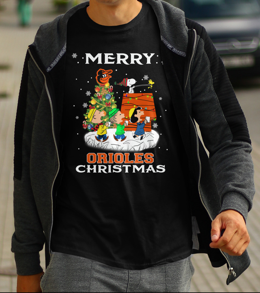 Merry Orioles Christmas Featuring Snoopy And Friends With Baltimore Logo And Festive Tree T-Shirt