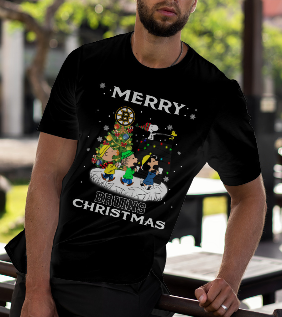 Merry Bruins Christmas Featuring Snoopy And Friends With Boston Bruins T-Shirt