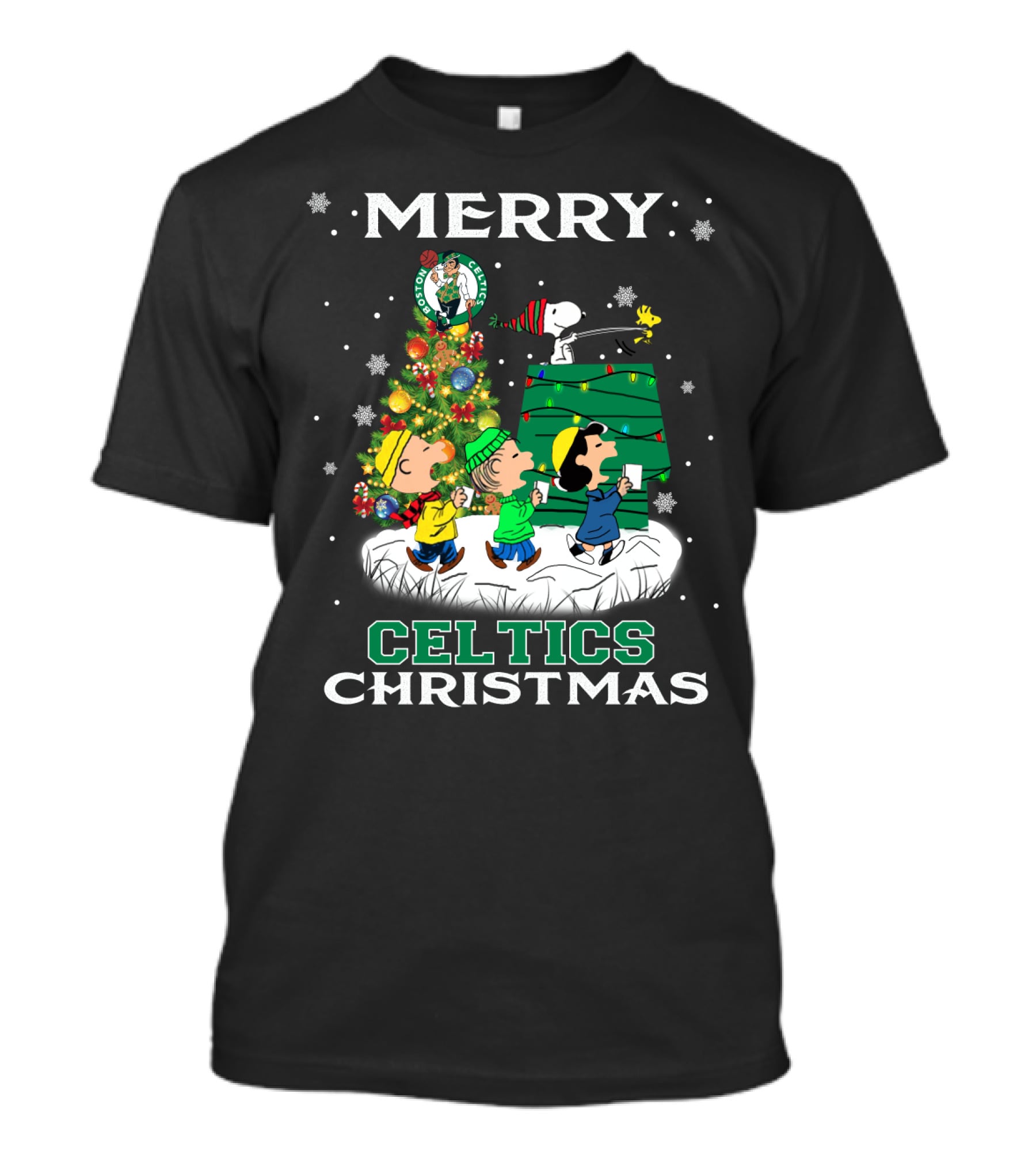 Merry Celtics Christmas Featuring Snoopy And Peanuts Gang T-Shirt
