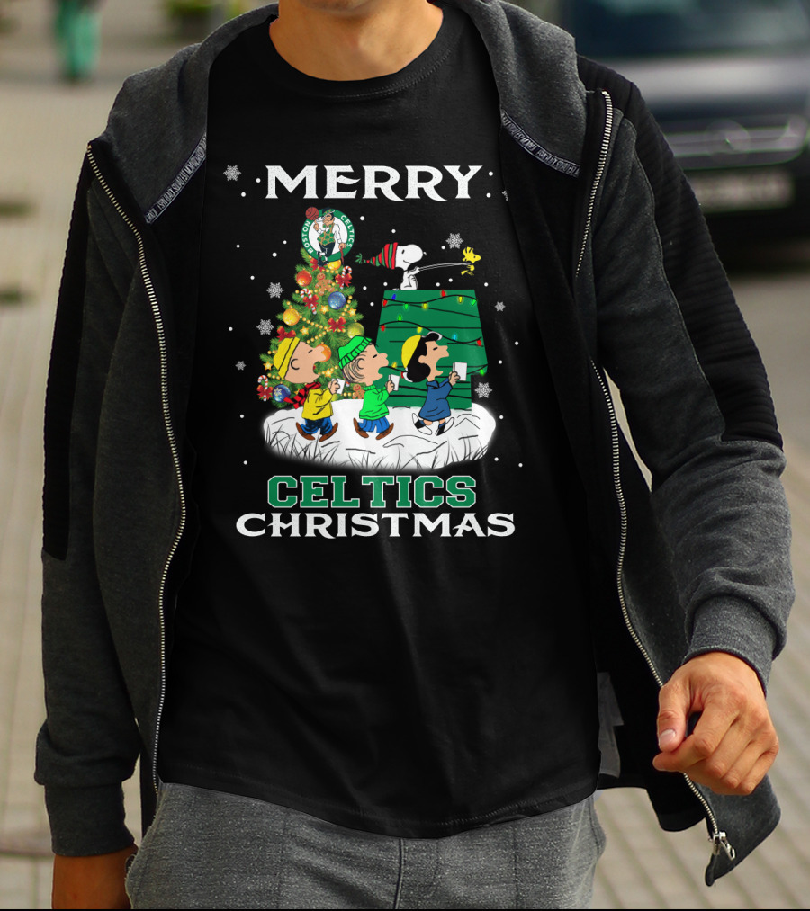 Merry Celtics Christmas Featuring Snoopy And Peanuts Gang T-Shirt