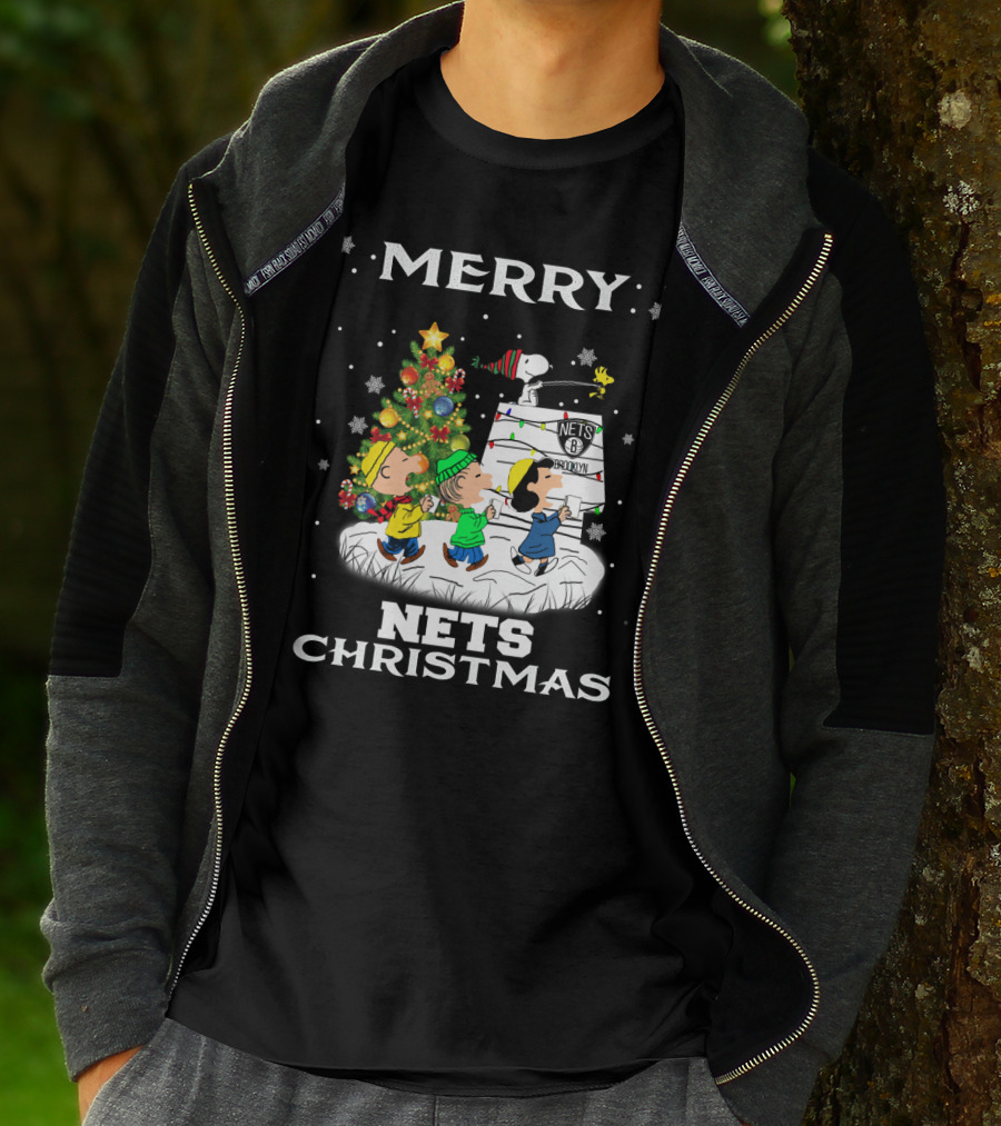 Merry Brooklyn Nets Christmas Snoopy Fans Peanuts Christmas Tree T-Shirt