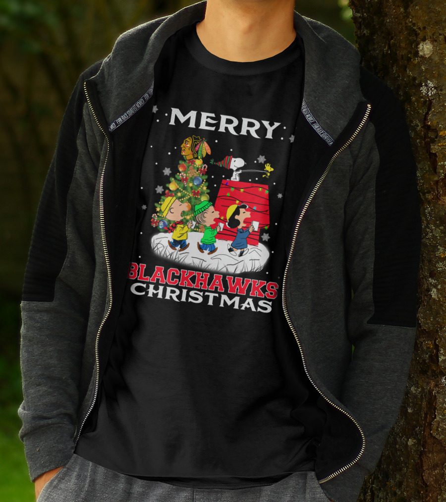 Merry Blackhawks Christmas Featuring Snoopy Woodstock And Friends With Chicago Blackhawks T-Shirt