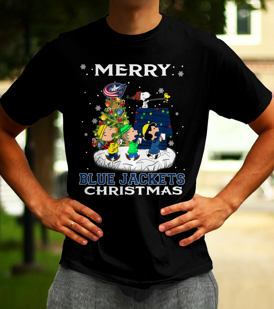 Merry Columbus Blue Jackets Christmas Snoopy And Peanuts Characters With Tree T-Shirt