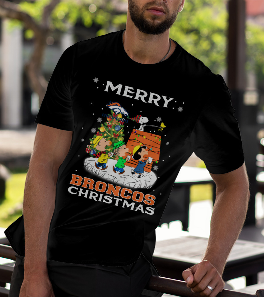 Merry Broncos Christmas For Snoopy Fans With Denver Broncos Logo And Peanuts Characters T-Shirt