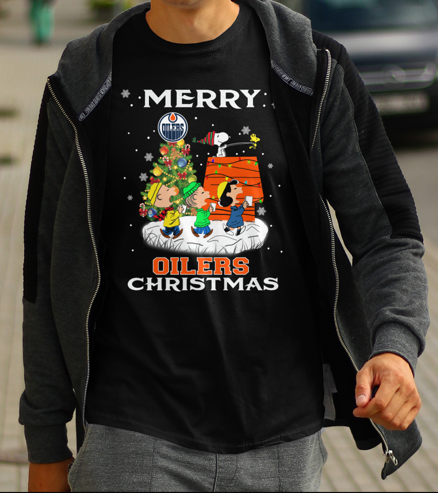 Merry Edmonton Oilers Christmas With Snoopy And Peanuts Characters T-Shirt
