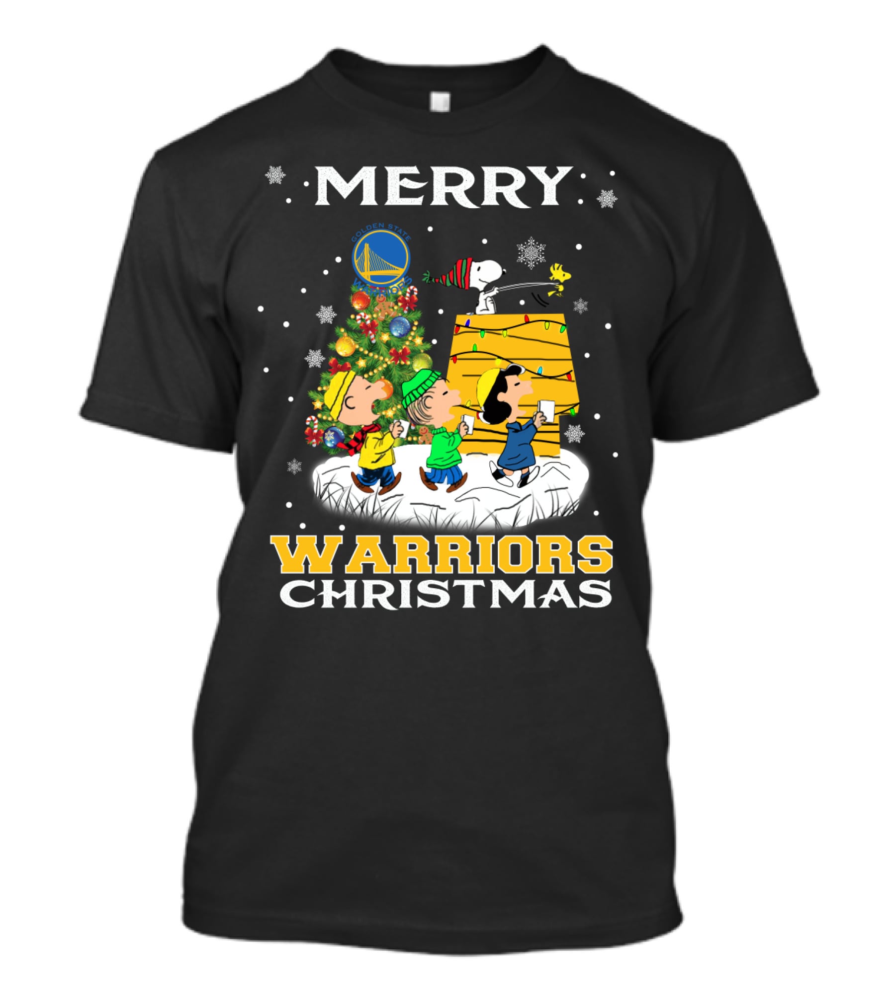 Merry Golden State Warriors Christmas Snoopy Charlie Brown Tree T-Shirt