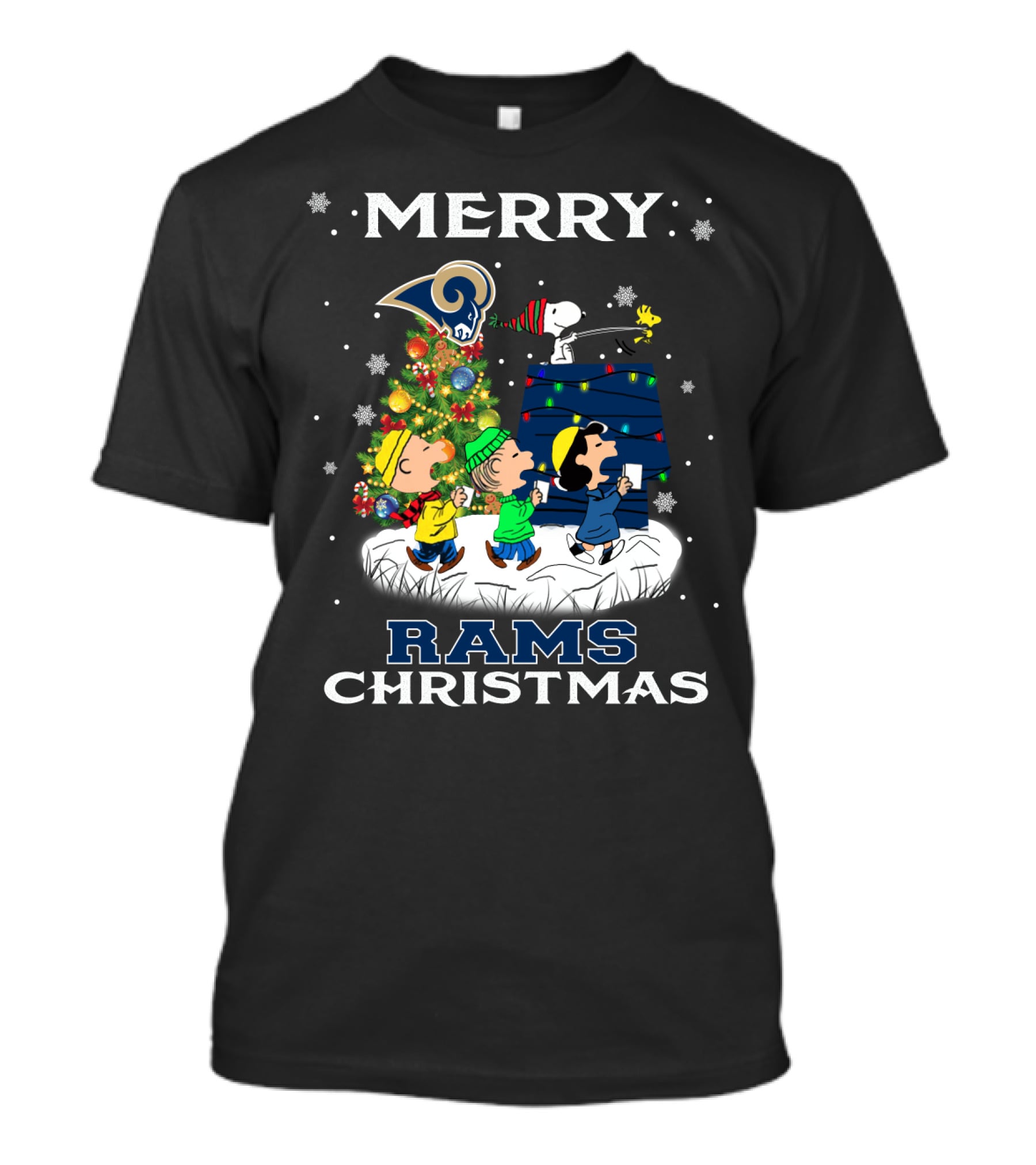 Merry Los Angeles Rams Christmas Snoopy Woodstock Charlie Brown Lucy Peanuts T-Shirt
