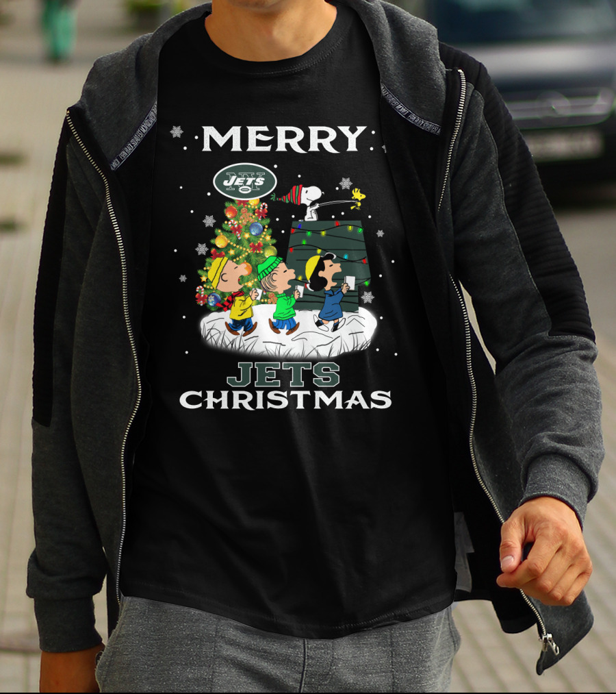 Merry Jets Christmas New York Snoopy Fans Peanuts Tree T-Shirt